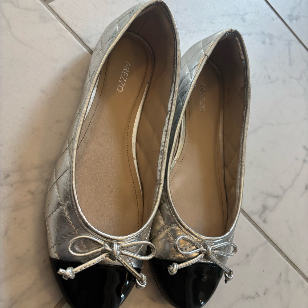 Silver and Black Ballet Flats with Decorative Bows